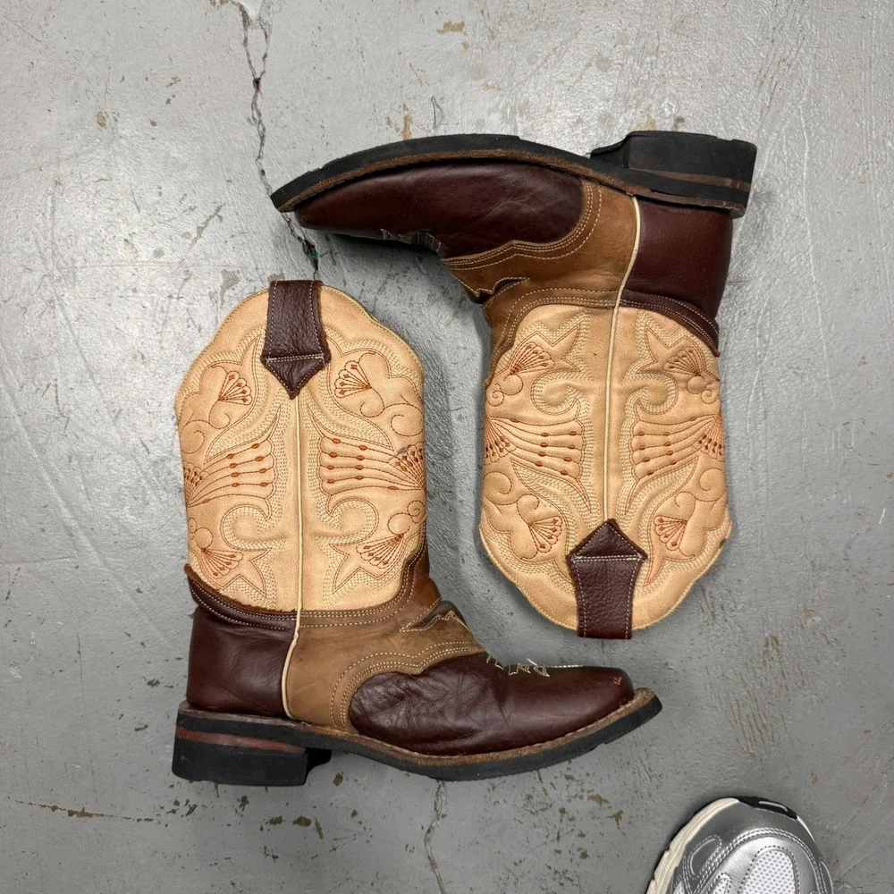 Kids Western Cowboy Boots Square‎ Toe Brown Tan Crazy Pull On Shoes Size 22.5